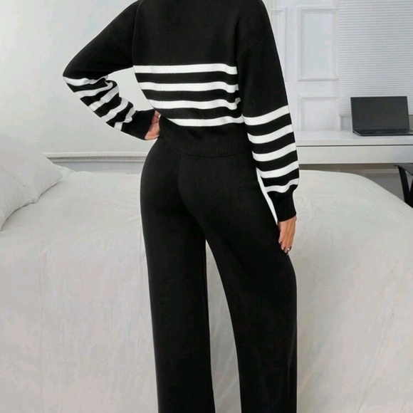 2-Piece Elegant Knit Set: High Collar Striped Print Long Sleeve Top & Long Pants - Picture 3 of 6